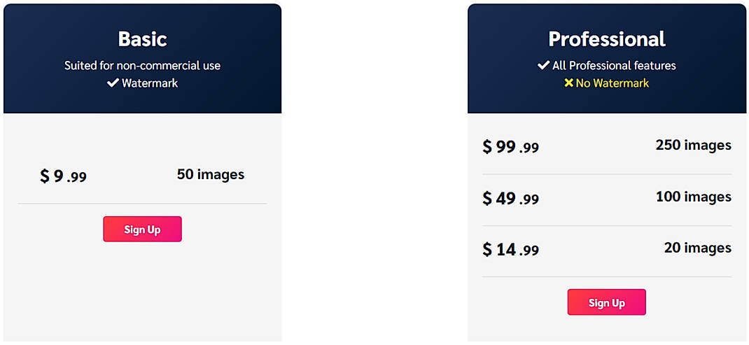 Pricing screenshot
