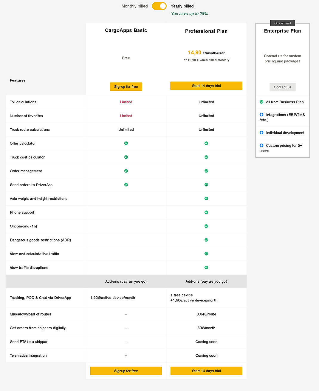 Pricing screenshot
