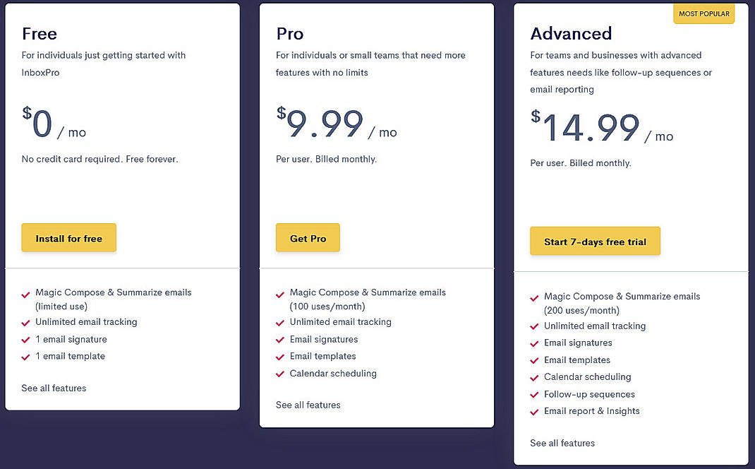 Pricing screenshot