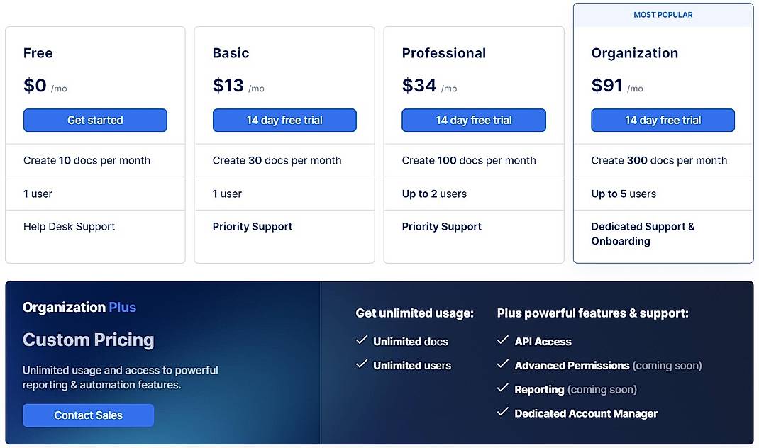 Pricing screenshot