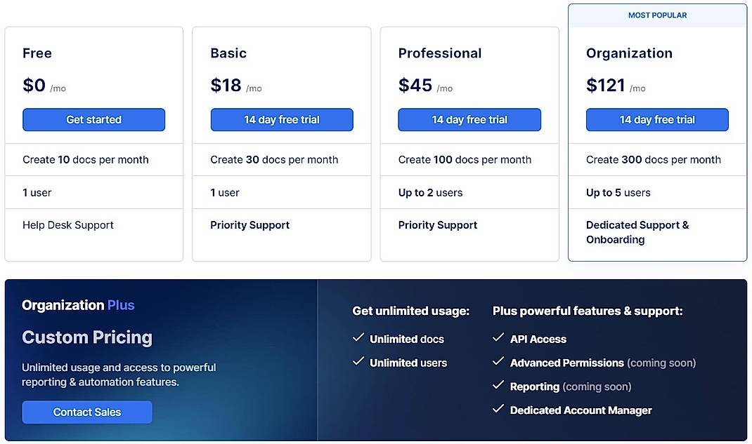 Pricing screenshot