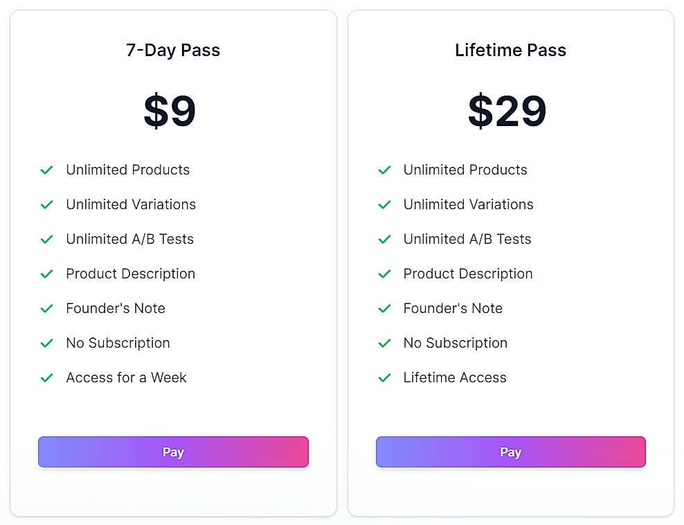 Pricing screenshot
