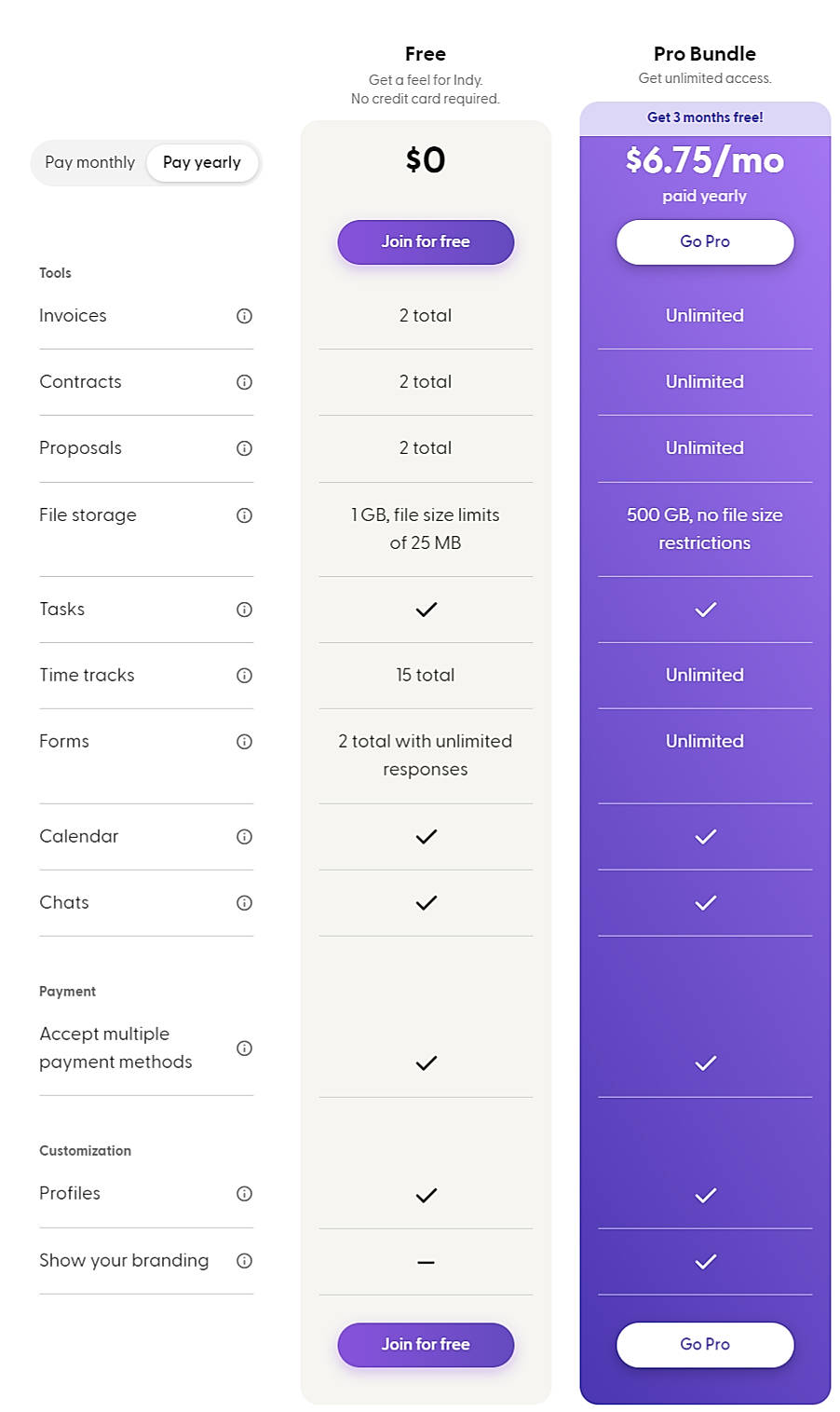 Pricing screenshot