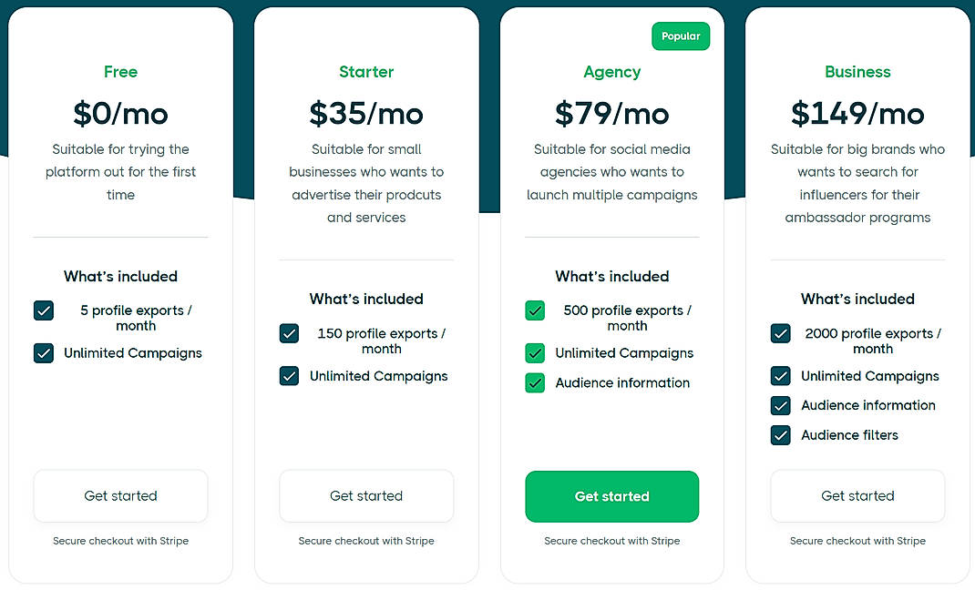 Pricing screenshot