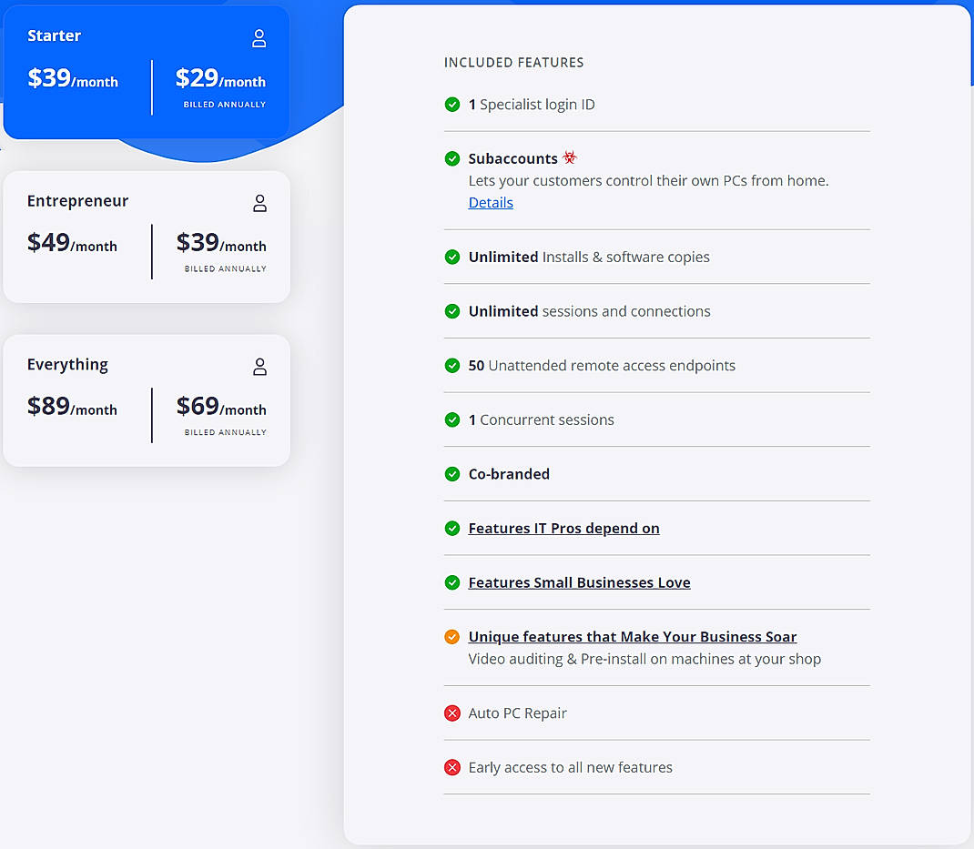 Pricing screenshot