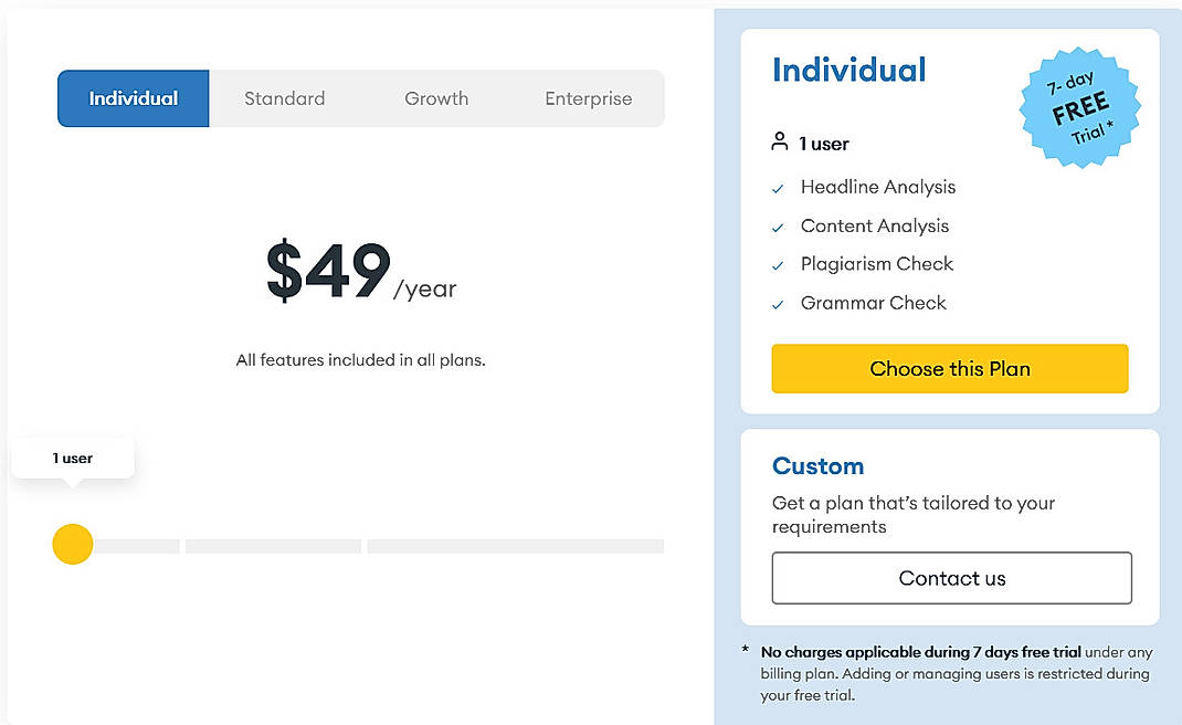 Pricing screenshot