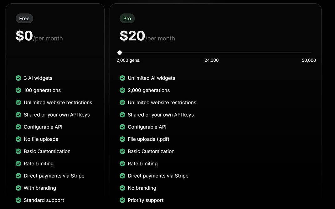 Pricing screenshot