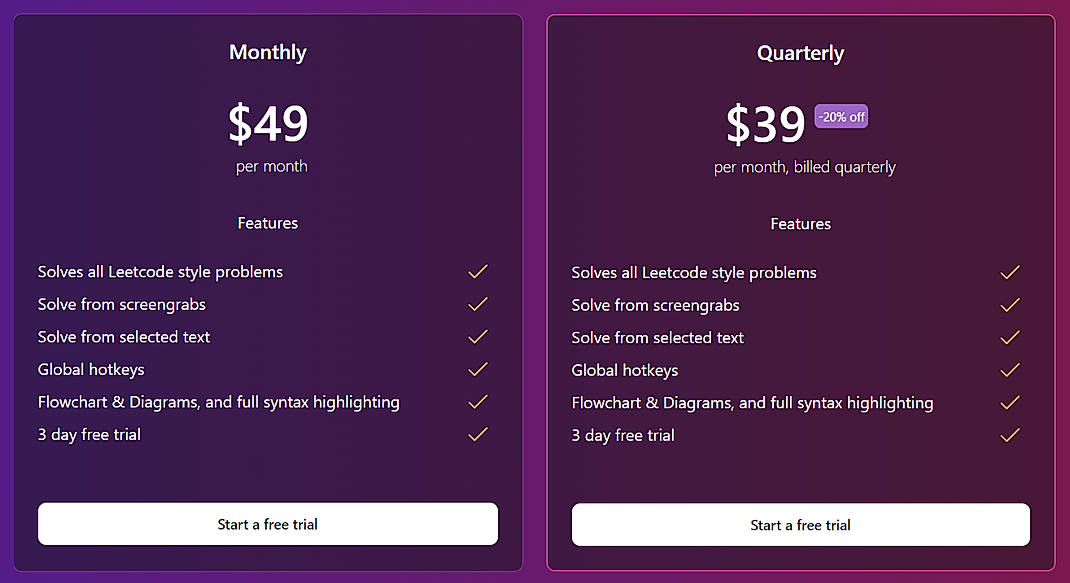 Pricing screenshot