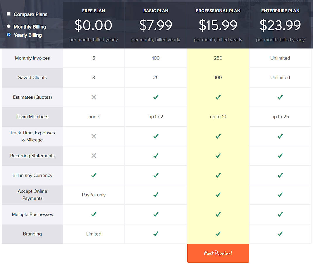 Pricing screenshot