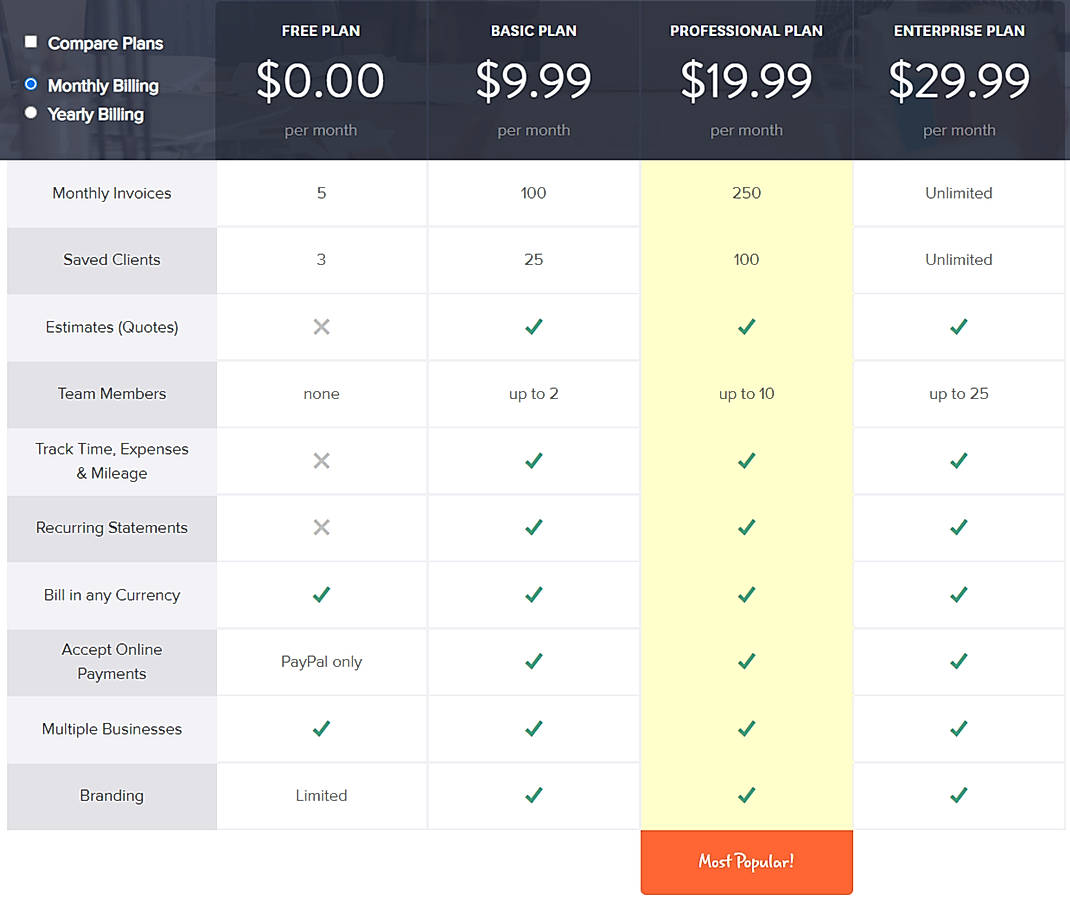 Pricing screenshot