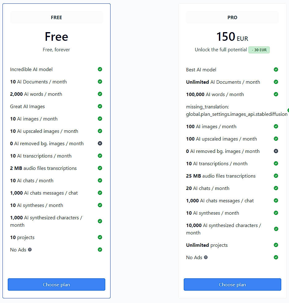 Pricing screenshot