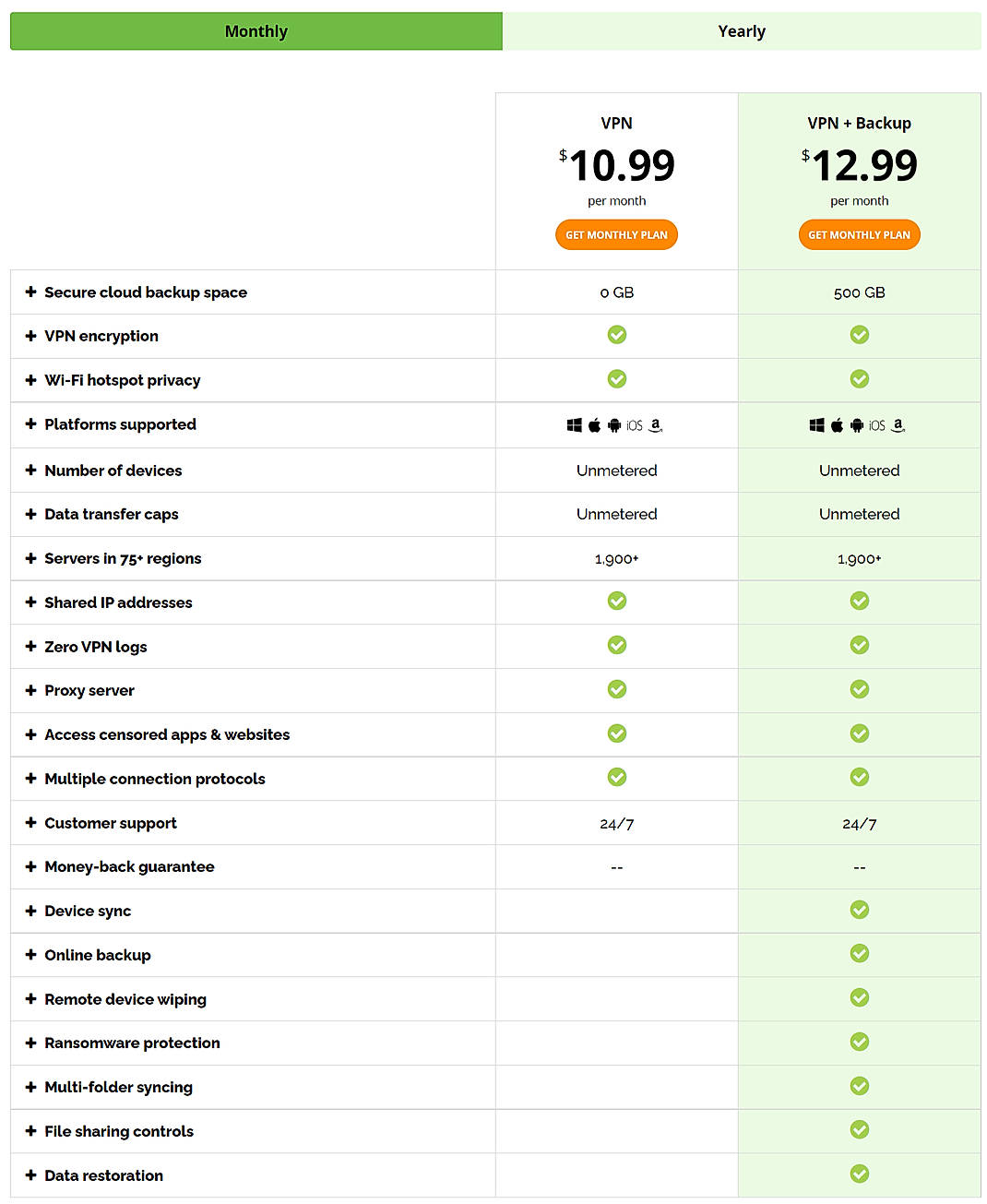 Pricing screenshot
