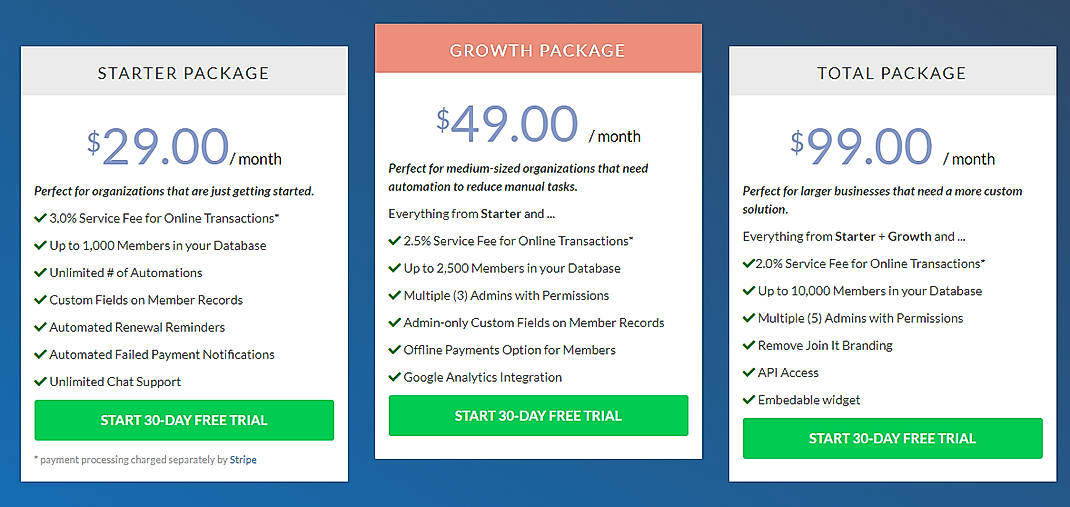 Pricing screenshot