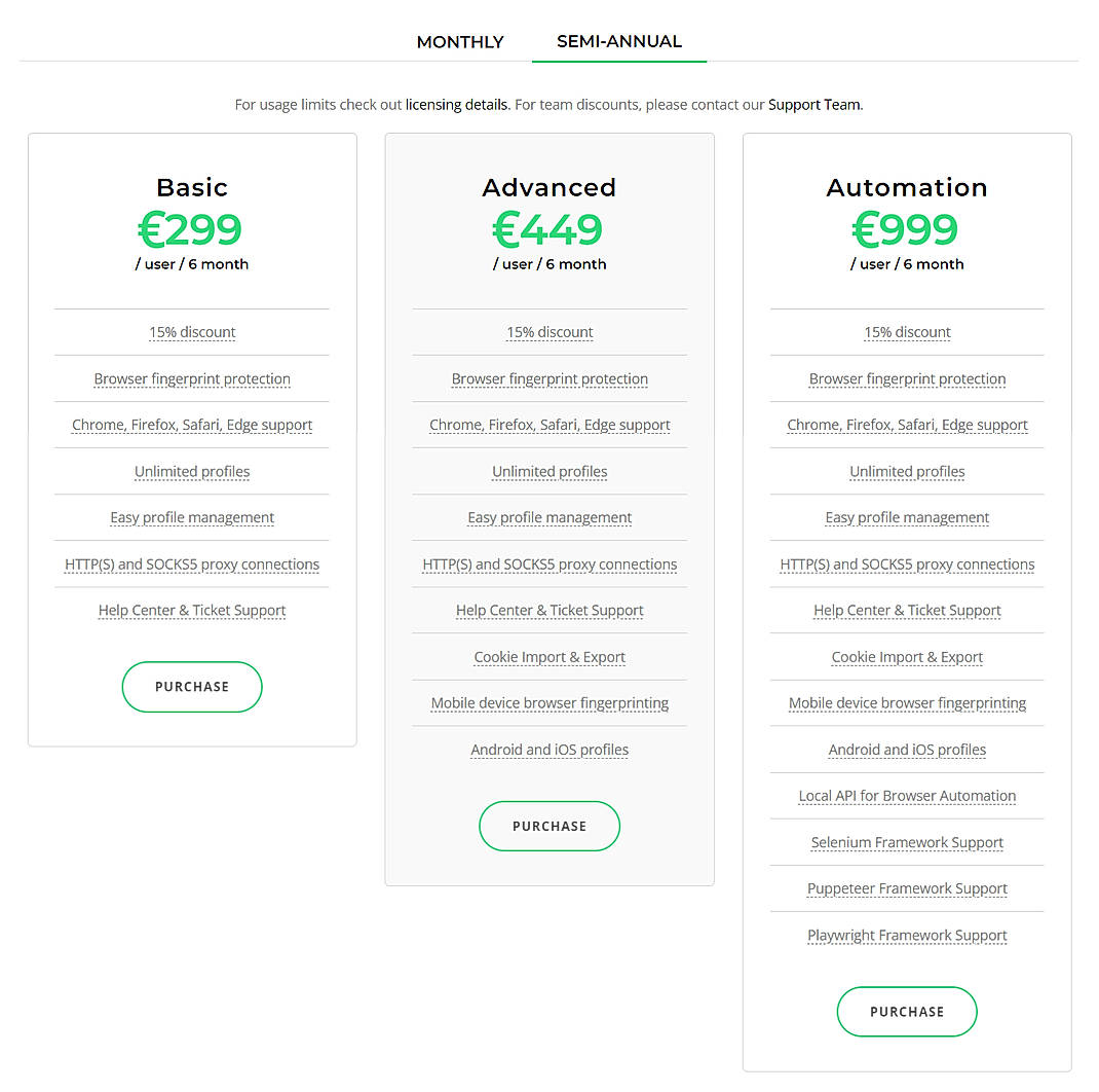 Pricing screenshot