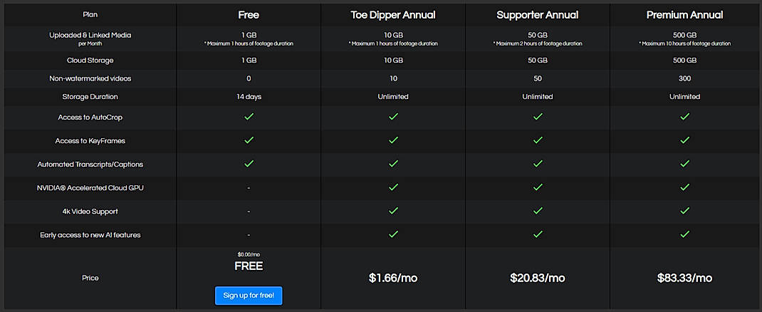 Pricing screenshot