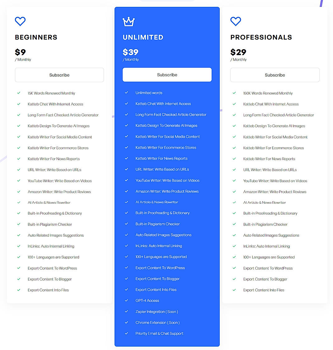 Pricing screenshot