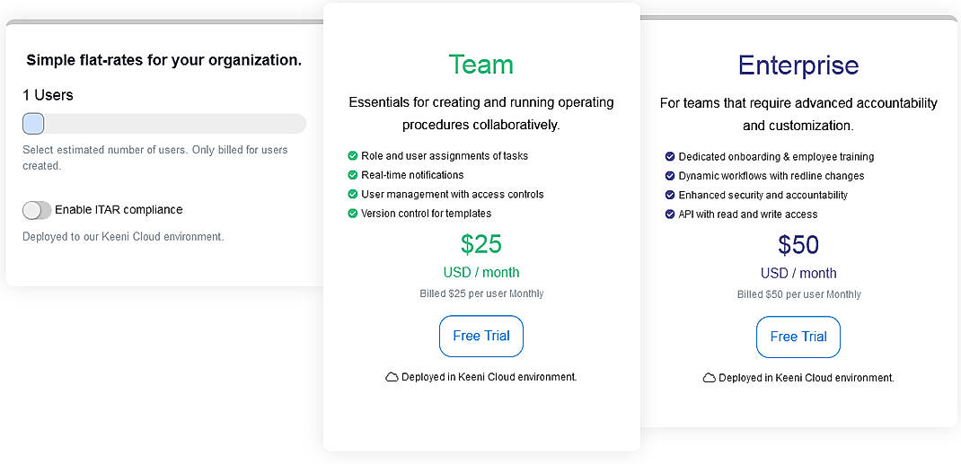 Pricing screenshot