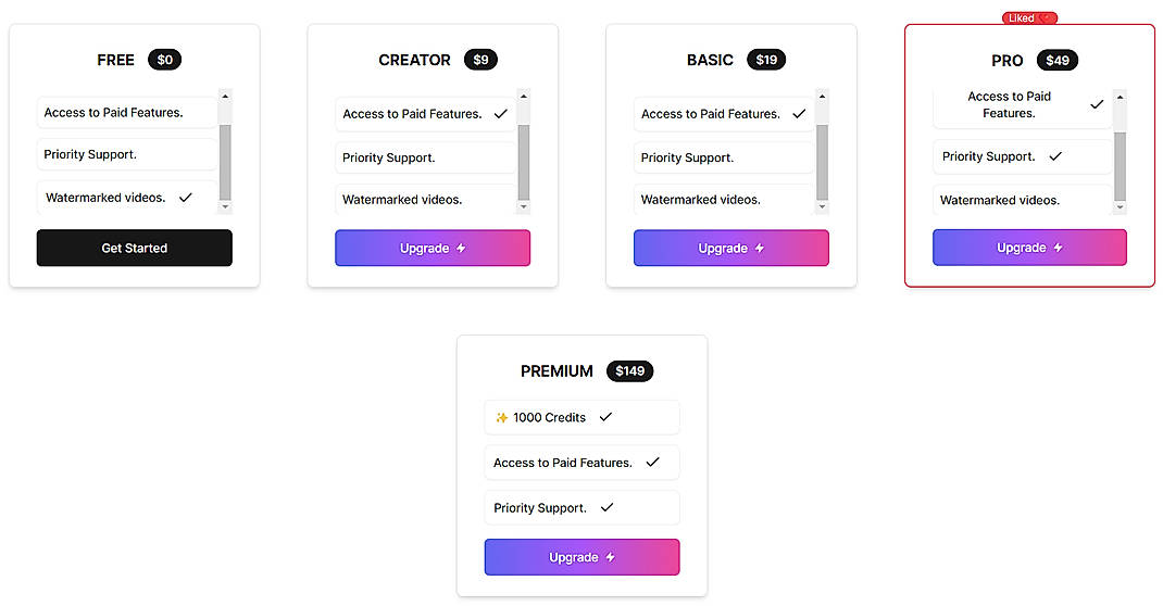 Pricing screenshot