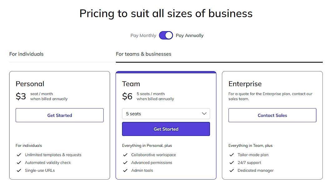 Pricing screenshot