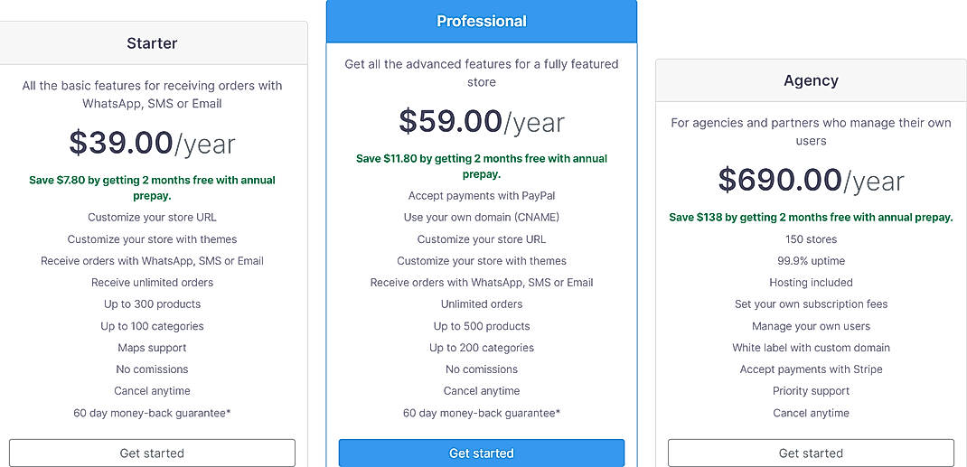 Pricing screenshot