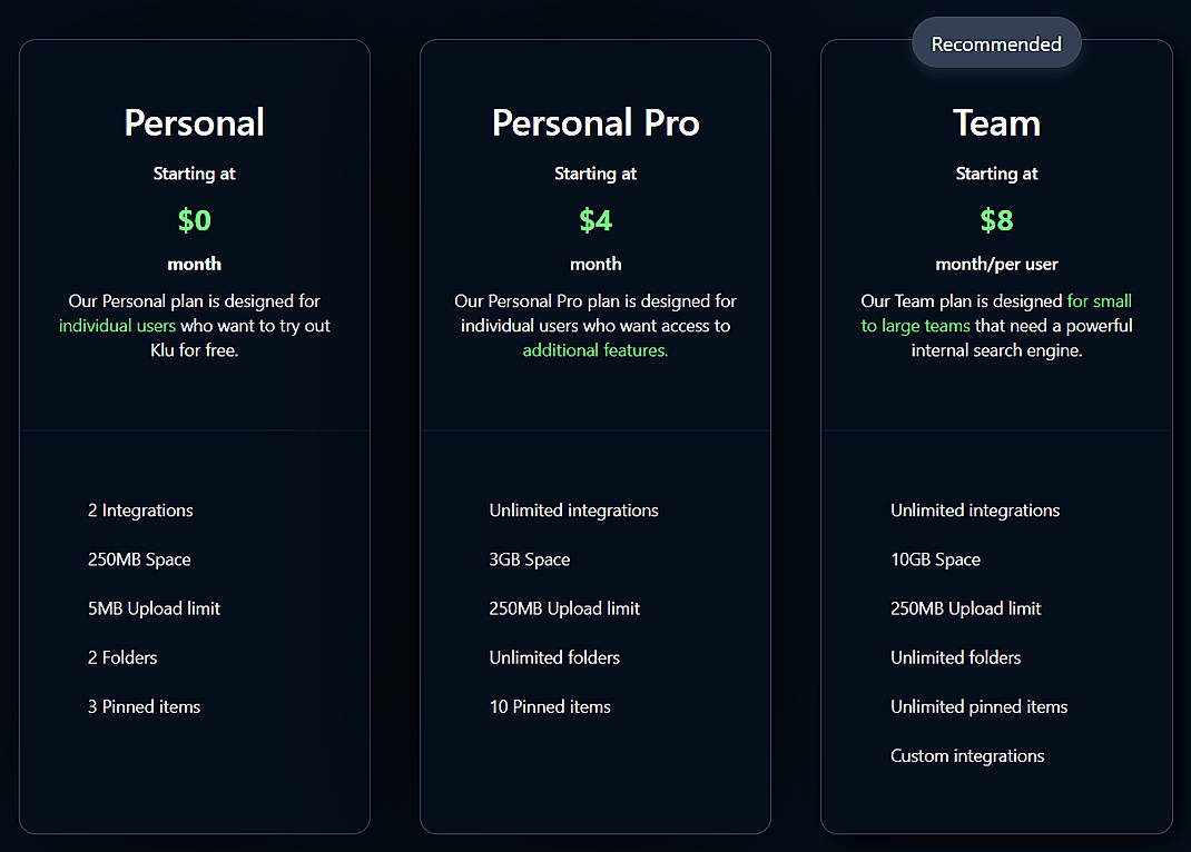 Pricing screenshot