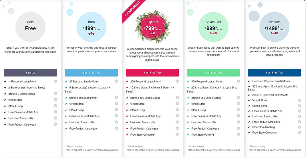 Pricing screenshot