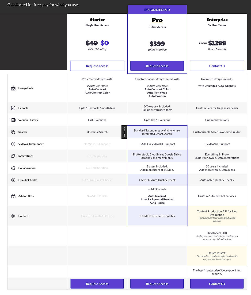 Pricing screenshot