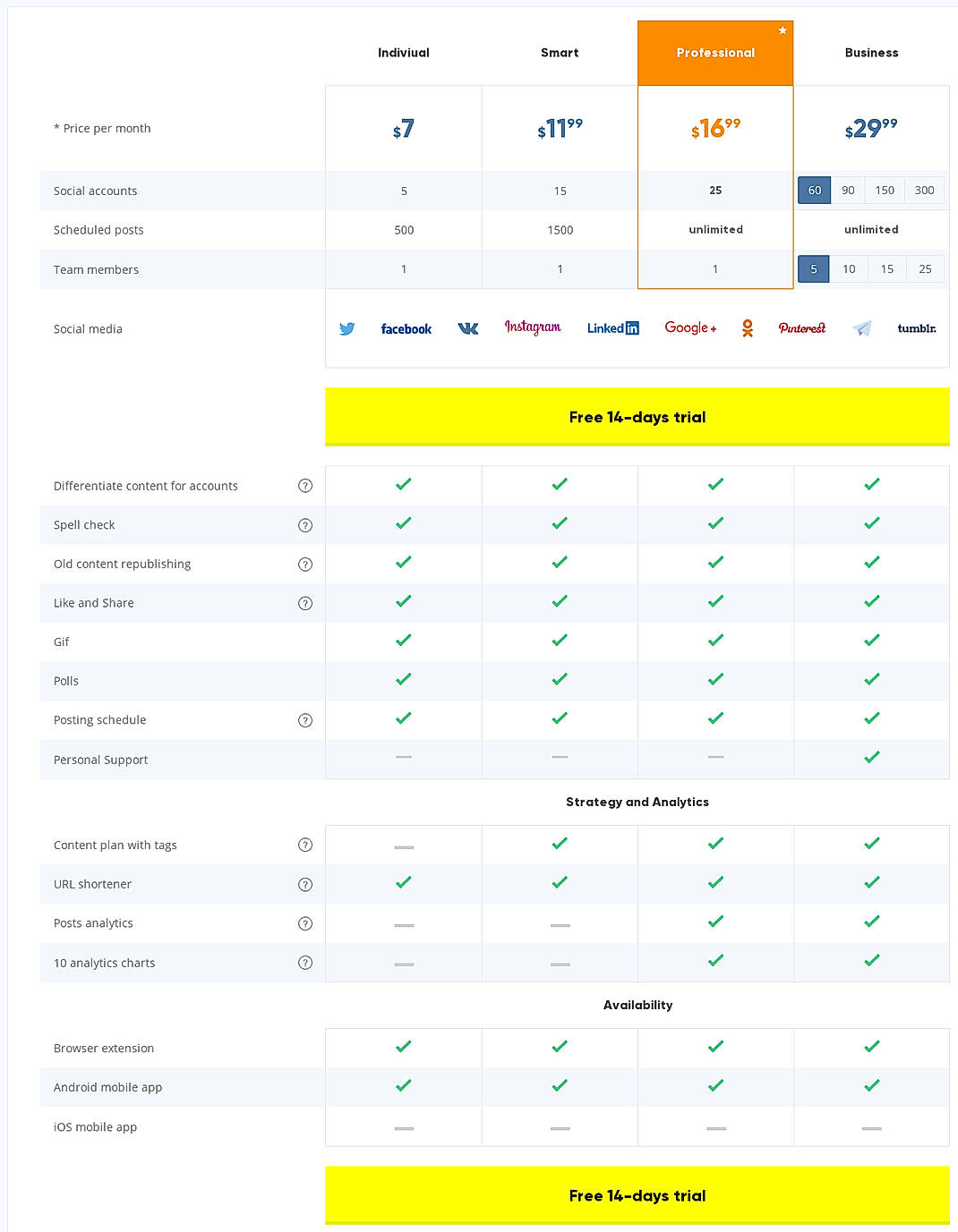 Pricing screenshot