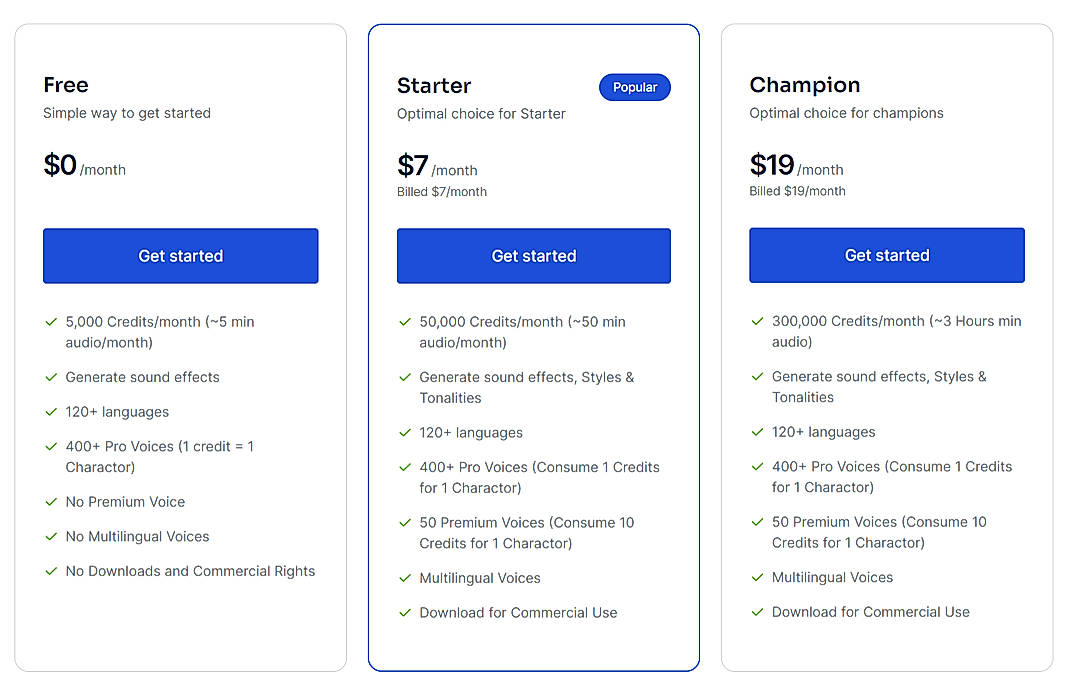 Pricing screenshot