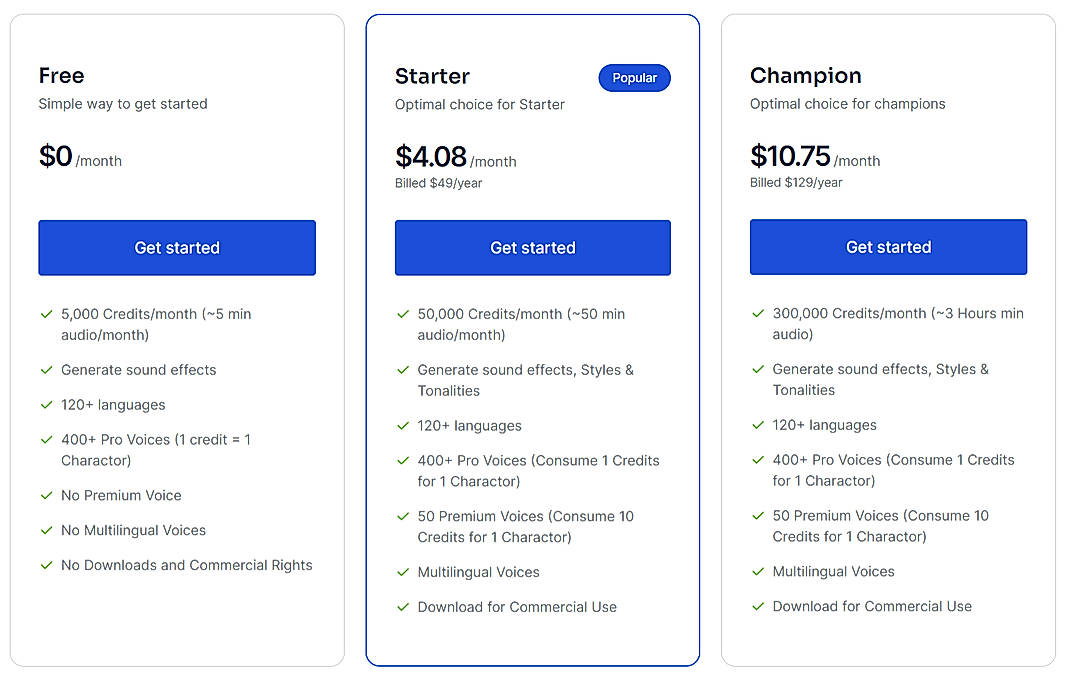 Pricing screenshot