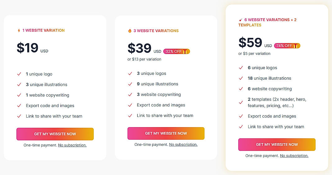 Pricing screenshot