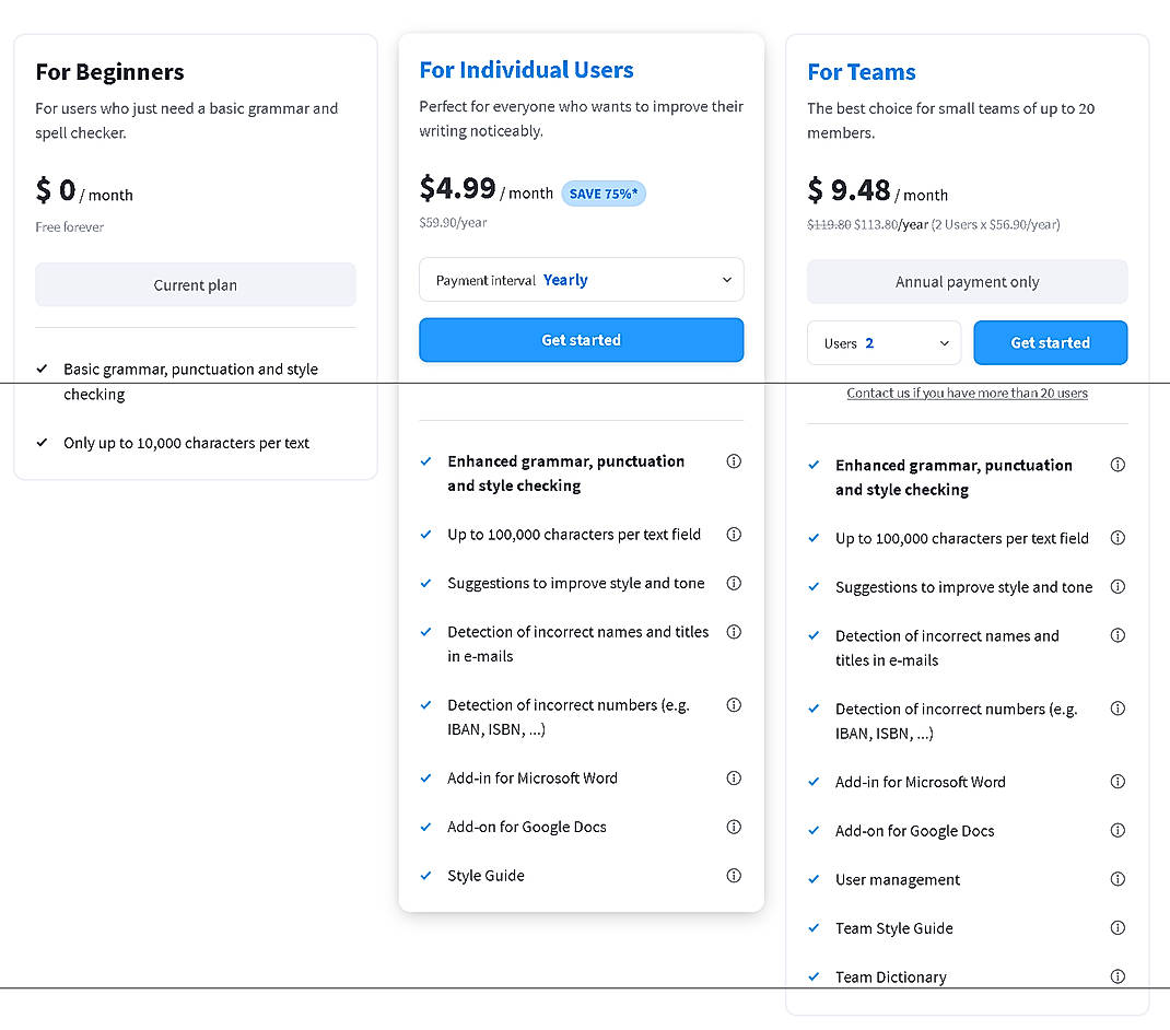Pricing screenshot