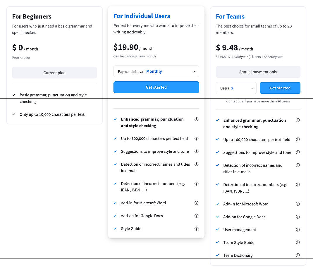 Pricing screenshot