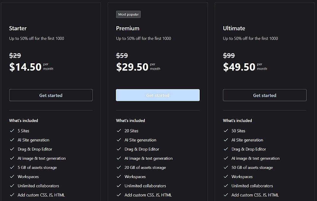Pricing screenshot