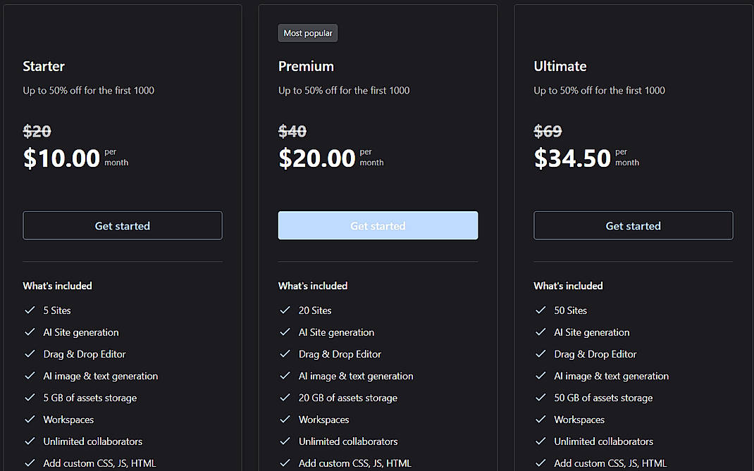 Pricing screenshot
