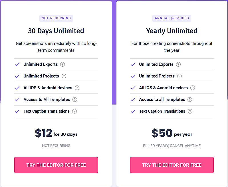 Pricing screenshot