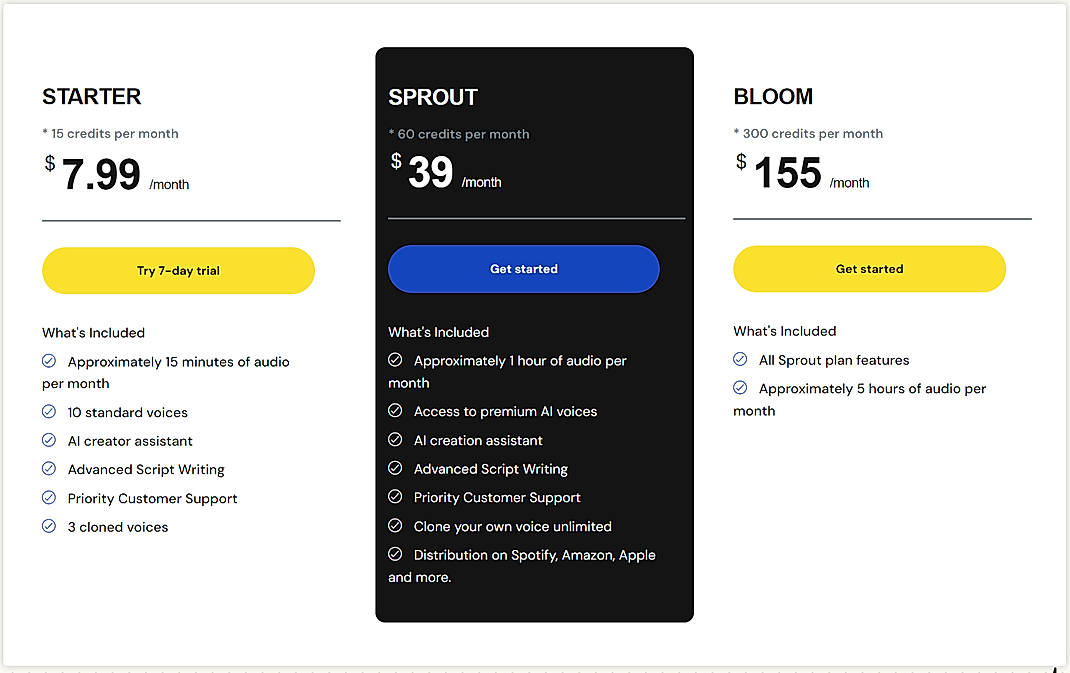 Pricing screenshot
