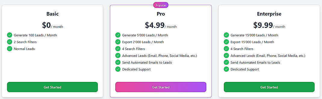 Pricing screenshot