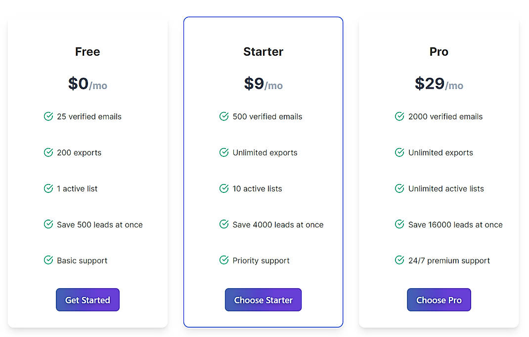 Pricing screenshot