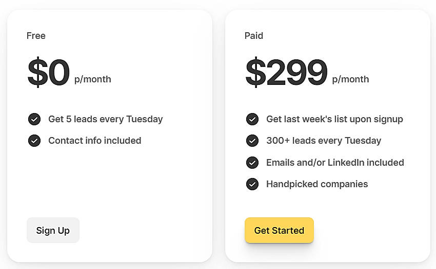Pricing screenshot
