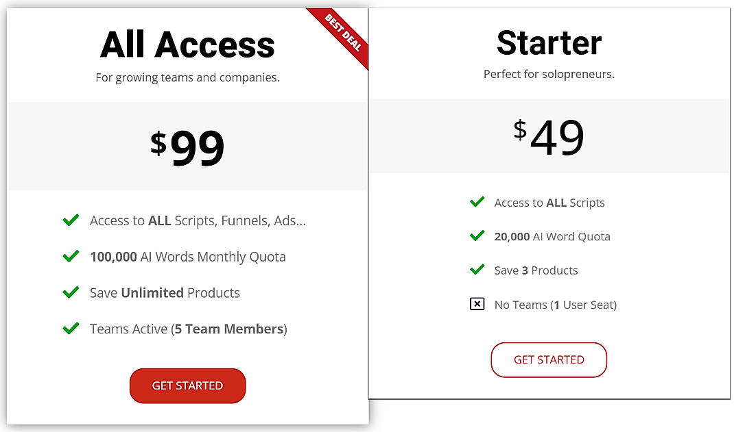 Pricing screenshot