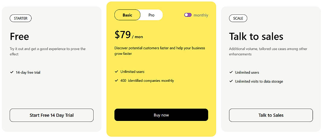 Pricing screenshot