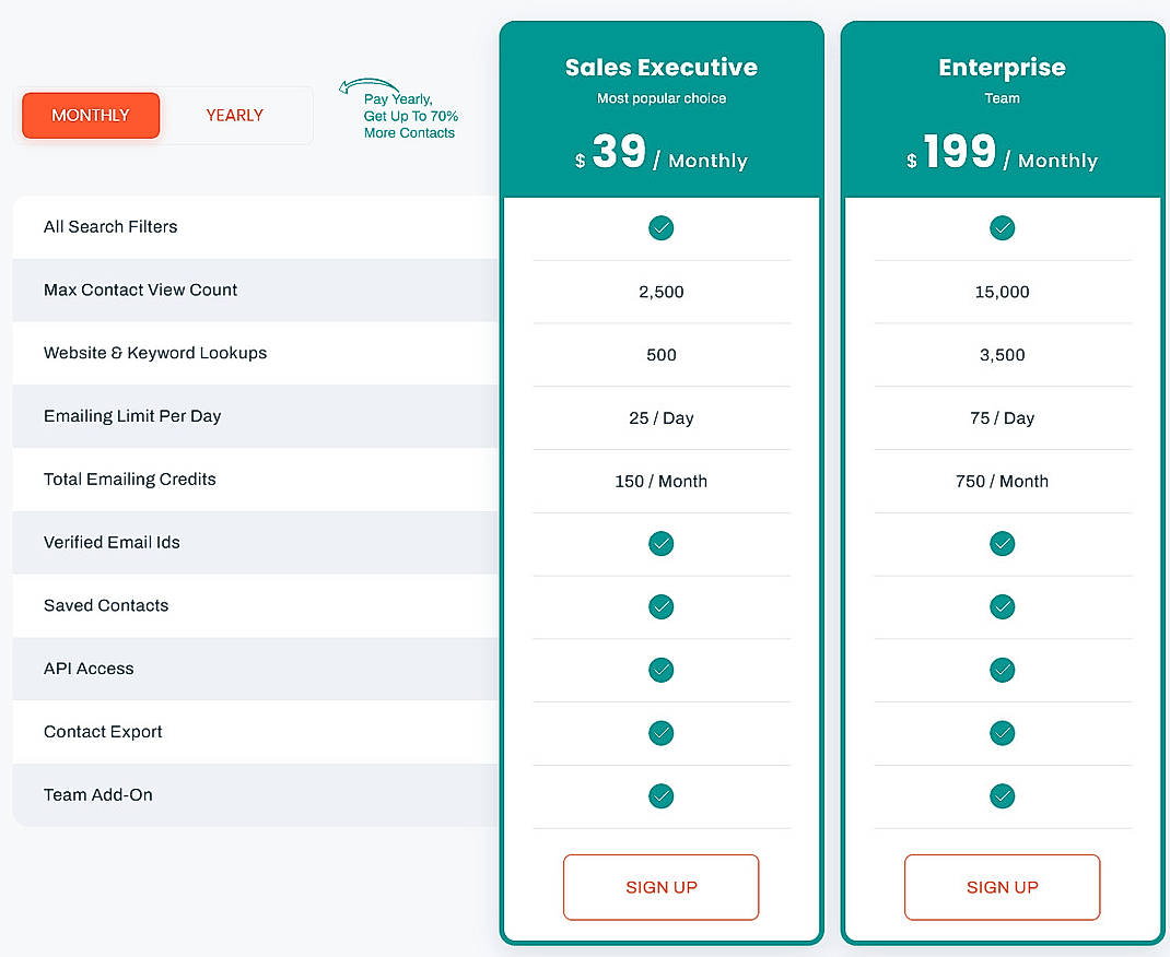 Pricing screenshot