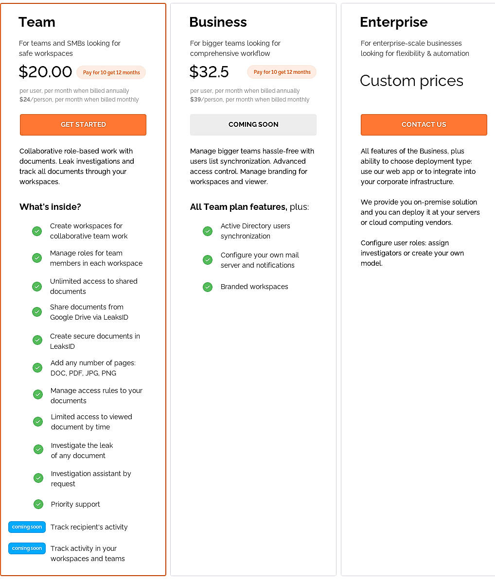 Pricing screenshot