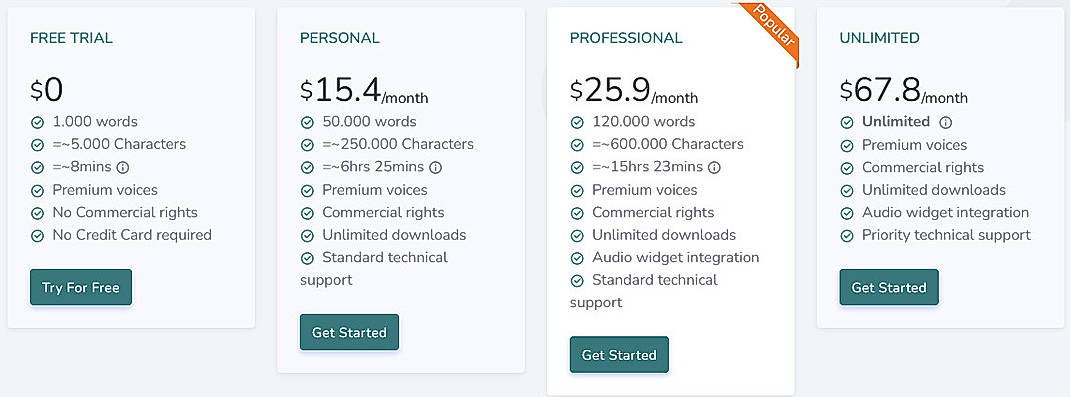Pricing screenshot