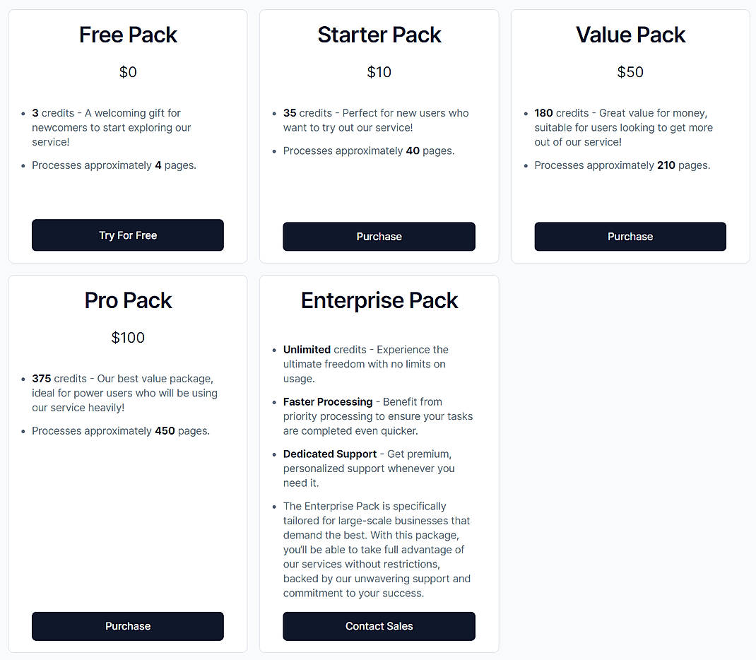 Pricing screenshot