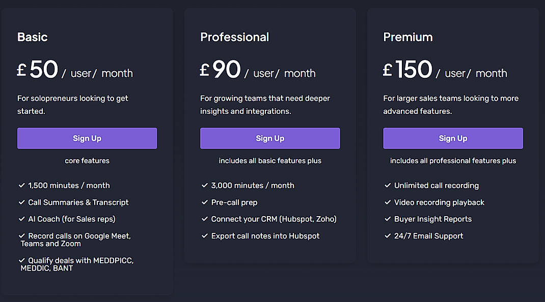 Pricing screenshot