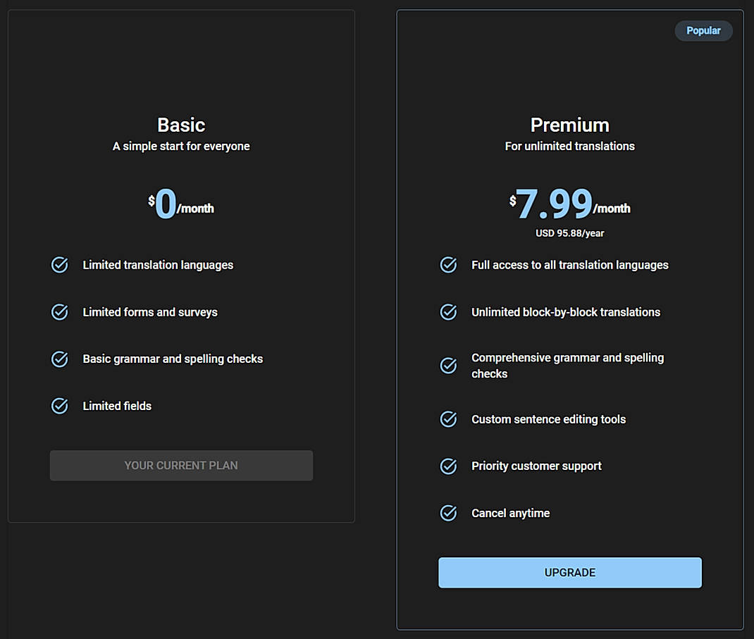 Pricing screenshot