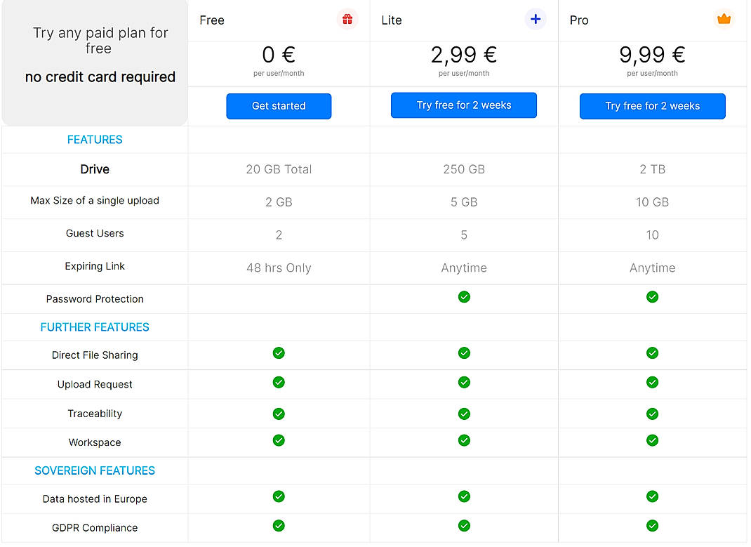 Pricing screenshot