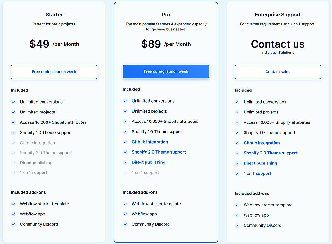 Pricing screenshot
